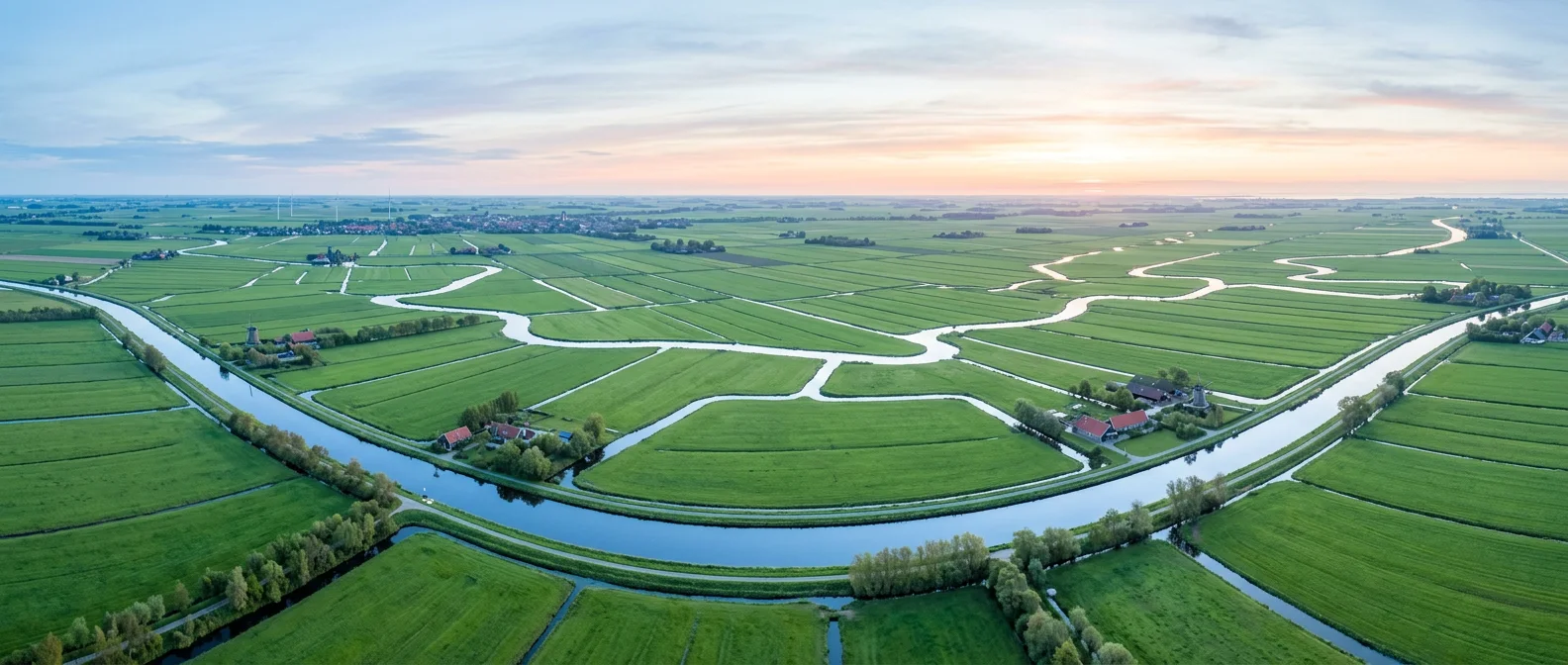 Groen Nederlands polderlandschap bij zonsopgang, rust en natuur