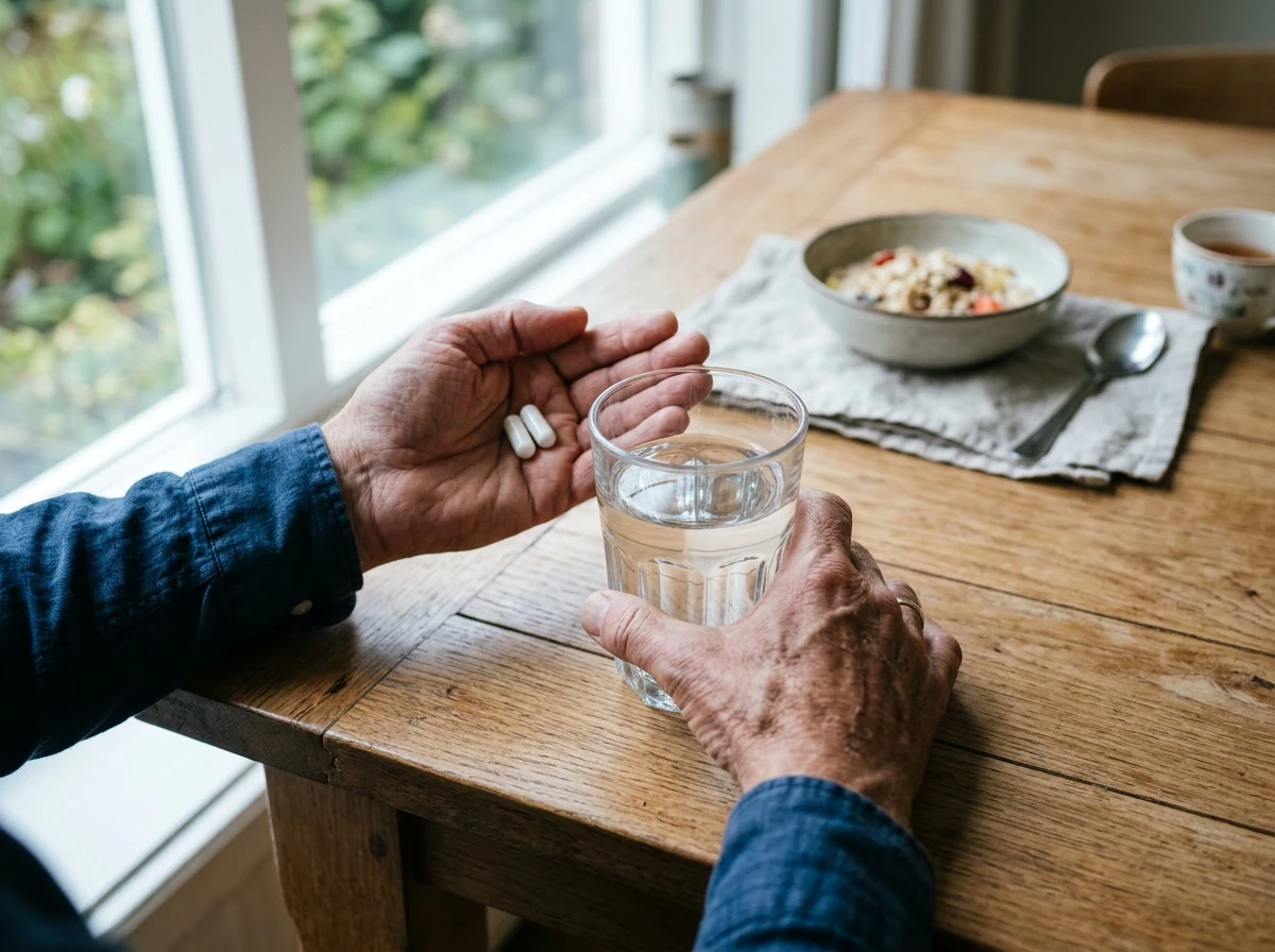 Handen van een man met capsules en een glas water, ochtend routine