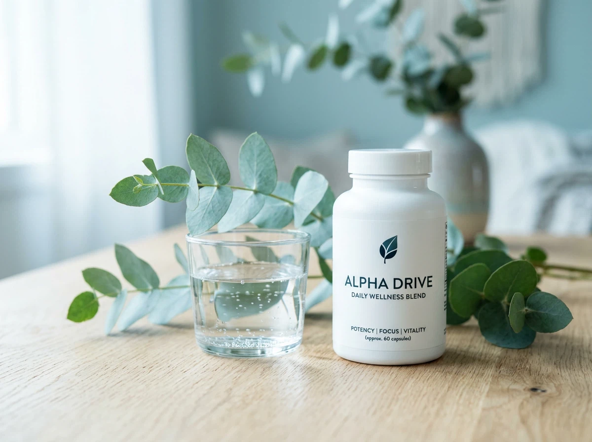 Alpha Drive pot op een houten tafel met verse bladeren, capsules dagelijkse routine mannen